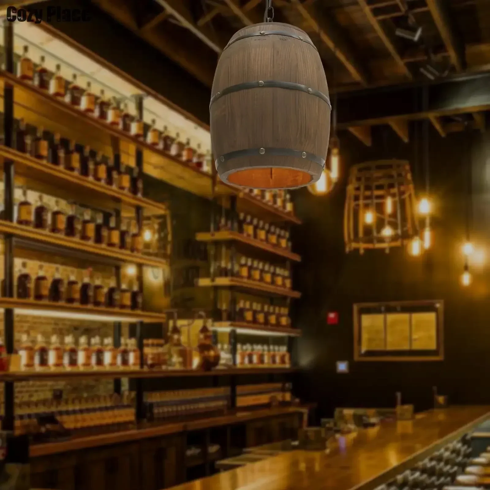 Decor Lighting Lamps - 素朴なランプヴィンテージシャンデリア木製ペンダントライトワイン樽吊り下げランプ家の装飾リビングルームバーカフェ照明E26