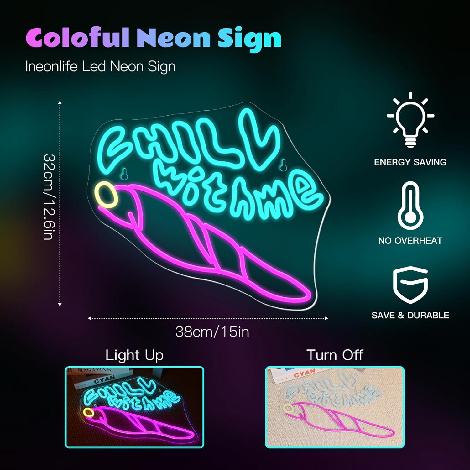 「Chill with Me」ネオンサイン、パン型LEDネオ - Bedroom Lighting Decor Ideas のレビューと価格