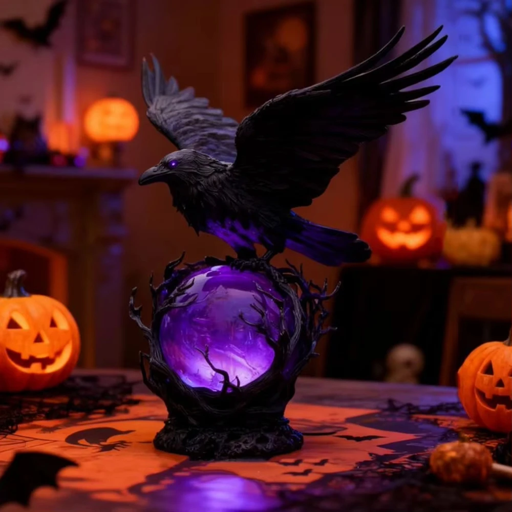 ゴシックレイヴンLEDランプ、紫色の輝き球に手作りされた彫刻 - Unique Lighting Decor のレビューと価格